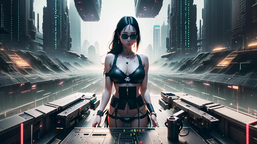 20-year old large-breast woman with cleavage:1.4, 1woman, solo, 3D neon art of a woman's body, (with low angle view), (((((matrix style black micro sunglasses, black bra and very short black miniskirt, white G-string panty))))), (((aiming with a short gun))), (looking at camera), aerial view of blade runner neon-noir city background, (((Matrix cascading code))), (((1drone alone above city))), perfect composition, beautiful detailed intricate insanely detailed octane render trending on artstation, 8K artistic photography, photorealistic concept art, soft natural volumetric cinematic perfect light, chiaroscuro, award-winning photograph, masterpiece, oil on canvas, Raphael, Caravaggio, Greg Rutkowski, Beeple, Beksinski, Giger