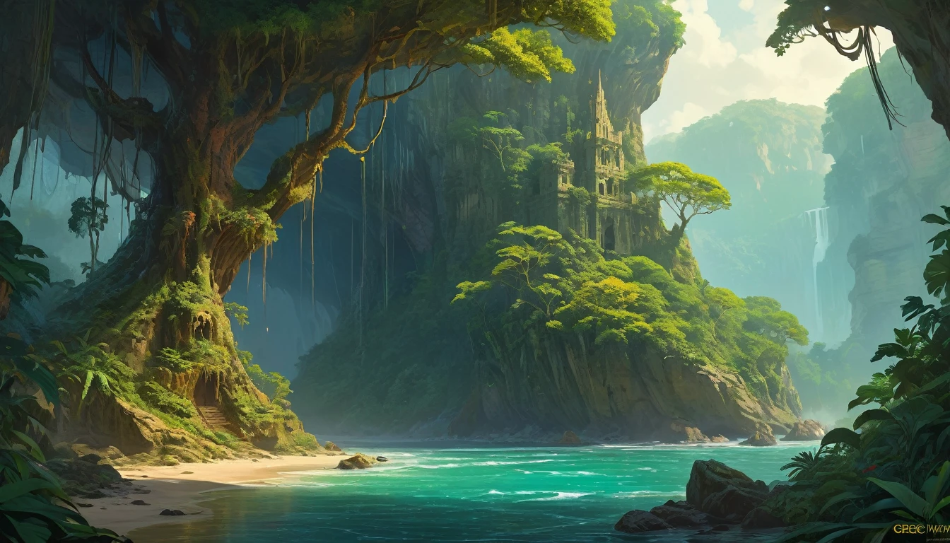 (author:Greg Rutkowski: 1.2), (masterpiece), (best quality) Neutral Factionsite under the cliff with trees, Deep in the jungle, Neutral Faction, cliff, Extremely refined, illustration, Vibrant colors, (Fantasy Landscape), Fascinating fantasy,Charming elements blend seamlessly. (Monster Trickster's Entrance, grotto, Unforgettable atmosphere, mystery, Dark Tones, Bones scattered)
