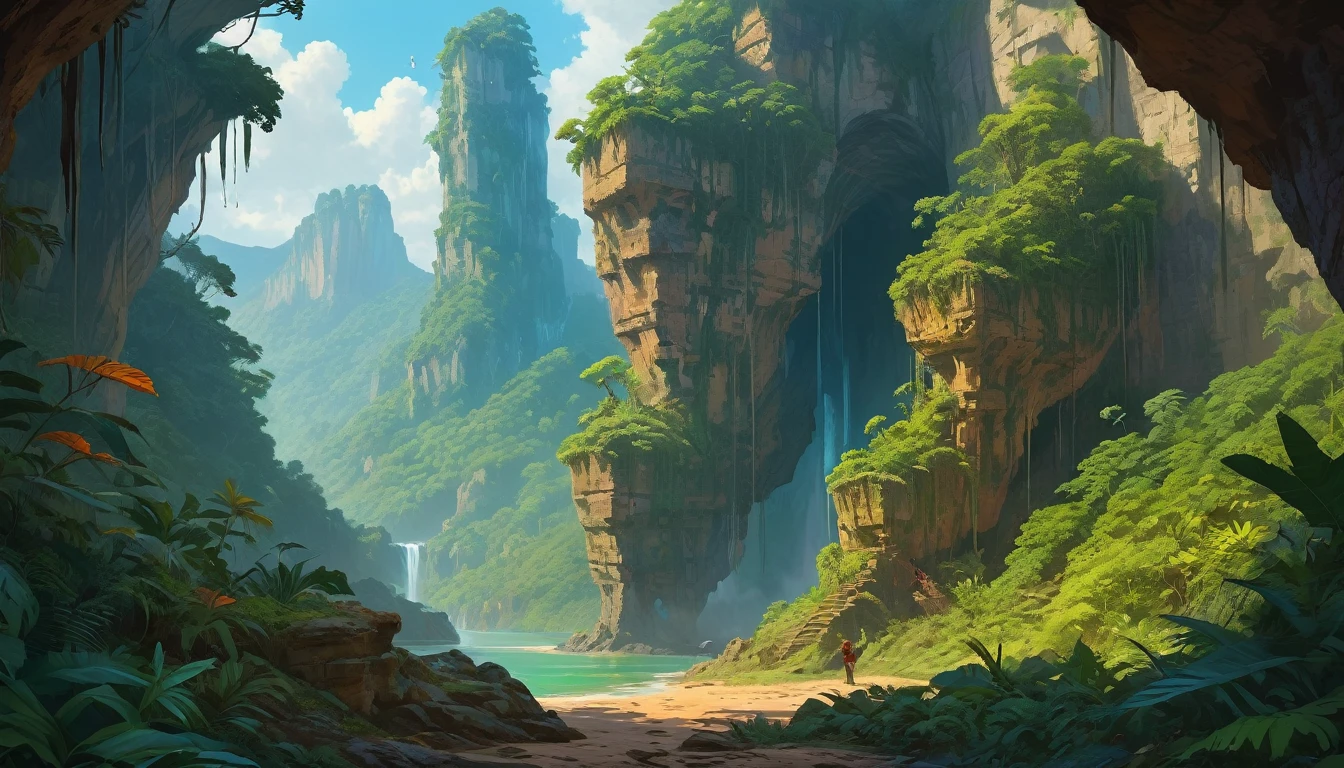 (author:Greg Rutkowski: 1.2), (masterpiece), (best quality) Neutral Factionsite under the cliff with trees, Deep in the jungle, Neutral Faction, cliff, Extremely refined, illustration, Vibrant colors, (Fantasy Landscape), Fascinating fantasy,Charming elements blend seamlessly. (Monster Trickster's Entrance, grotto, Unforgettable atmosphere, mystery, Dark Tones, Bones scattered)