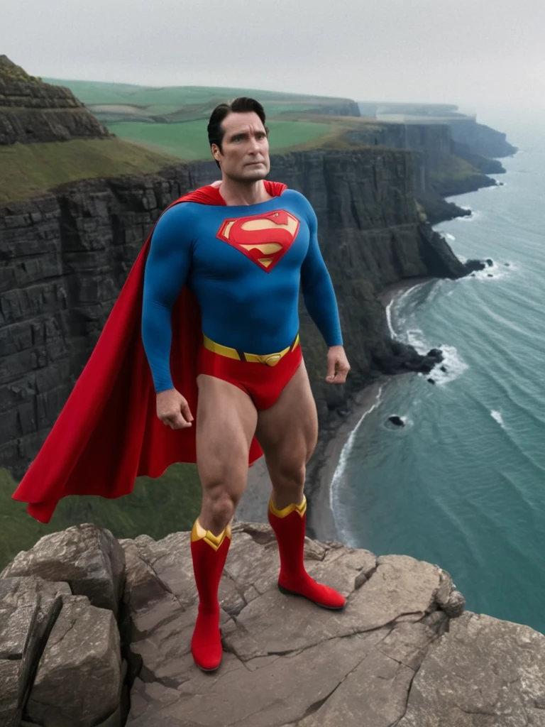Cold, cloudy sky, middle-aged Superman, broad shoulders, protruding chest, thick neck, arms and thighs that have gained fat, no abdominal muscles, dull colored costume, Superman mark spread out to the sides, small red briefs bulging, cape fluttering in the strong wind, standing on a cliff