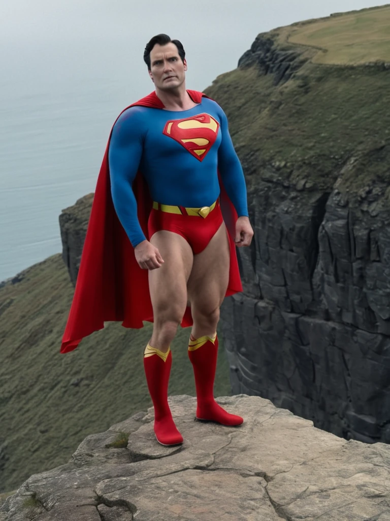 Cold, cloudy sky, middle-aged Superman, broad shoulders, protruding chest, thick neck, arms and thighs that have gained fat, no abdominal muscles, dull colored costume, Superman mark spread out to the sides, small red briefs bulging, cape fluttering in the strong wind, standing on a cliff