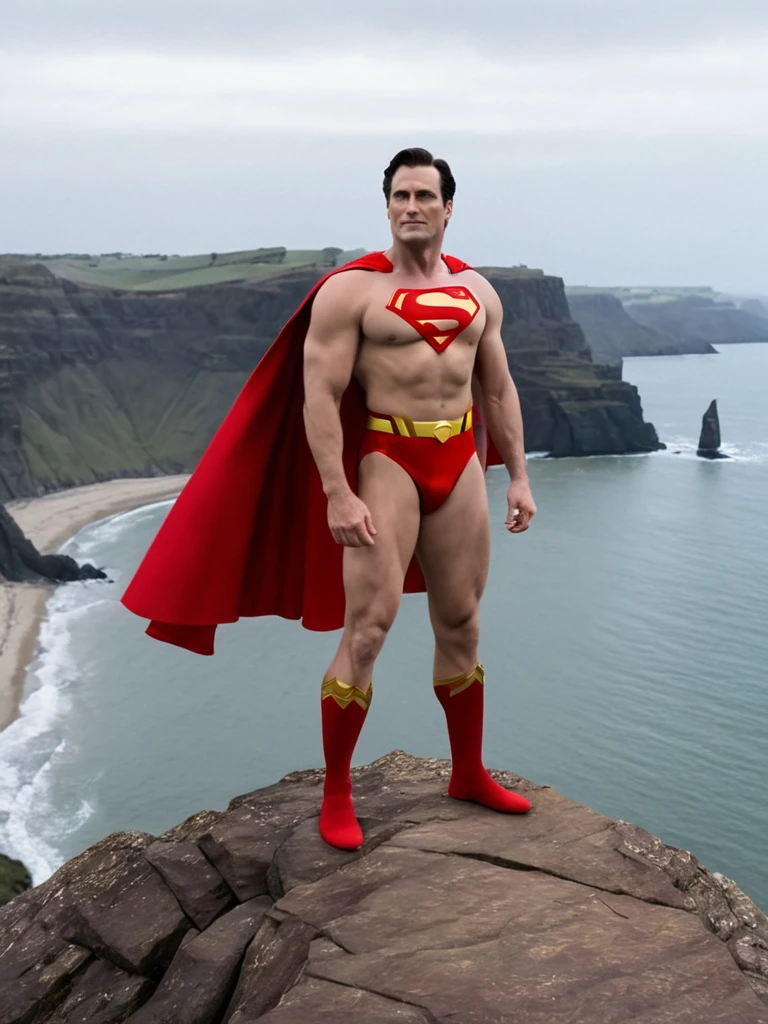 Cold, cloudy sky, middle-aged Superman, broad shoulders, protruding chest, thick neck, arms and thighs that have gained fat, no abdominal muscles, dull colored costume, Superman mark spread out to the sides, small red briefs bulging, cape fluttering in the strong wind, standing on a cliff