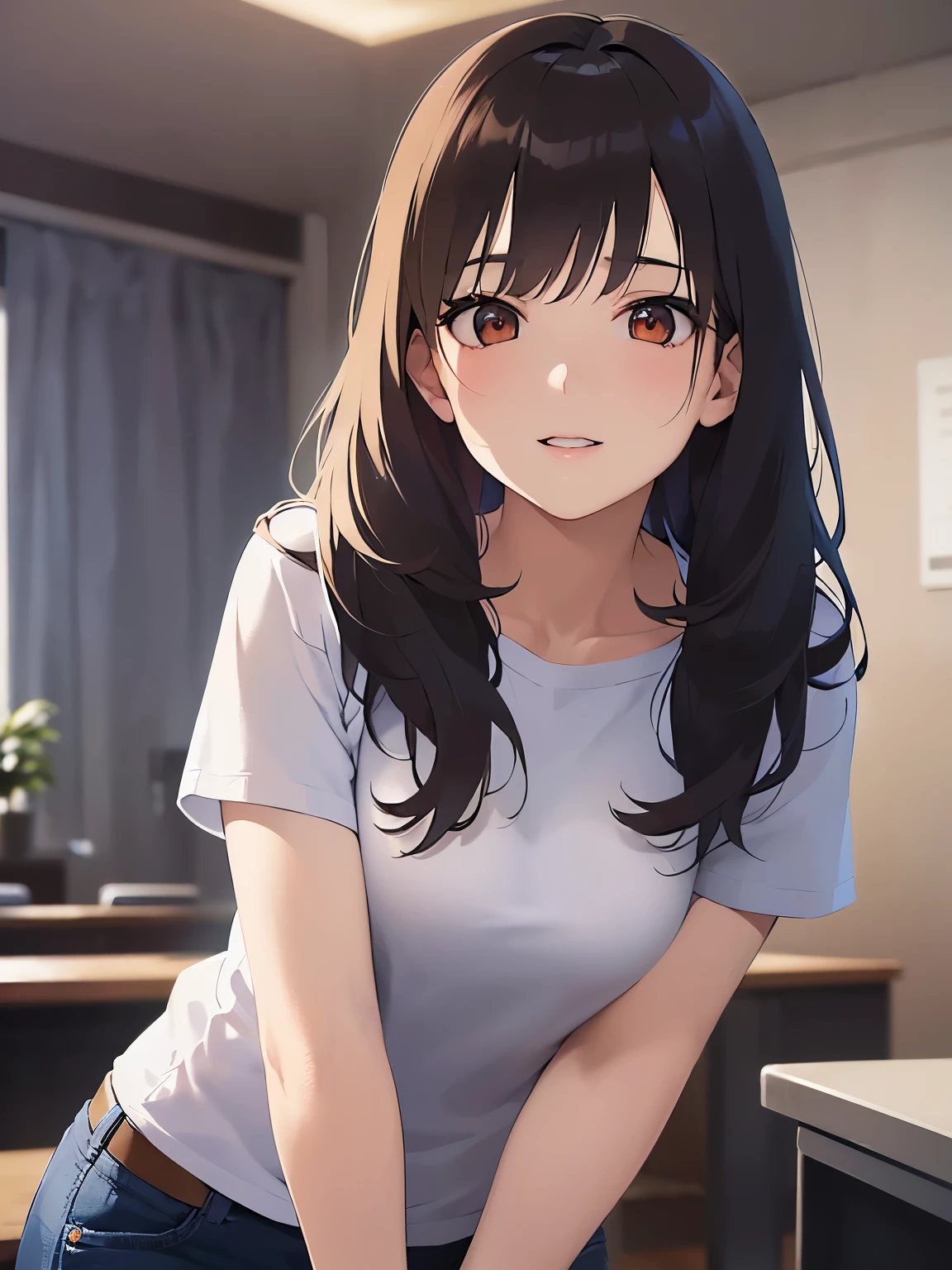 bent over、Upper Body, Realistic, real person, (pale skin: 1.2), RAW photo, photorealistic, shiny skin, shiny hair、(A 25-year-old woman with medium-length hair and bangs) and (wavy hair) and (brown hair) and (Orange Eyes) , Wearing a white T-shirt 、smile, The background is a hospital room、Alone、Are standing