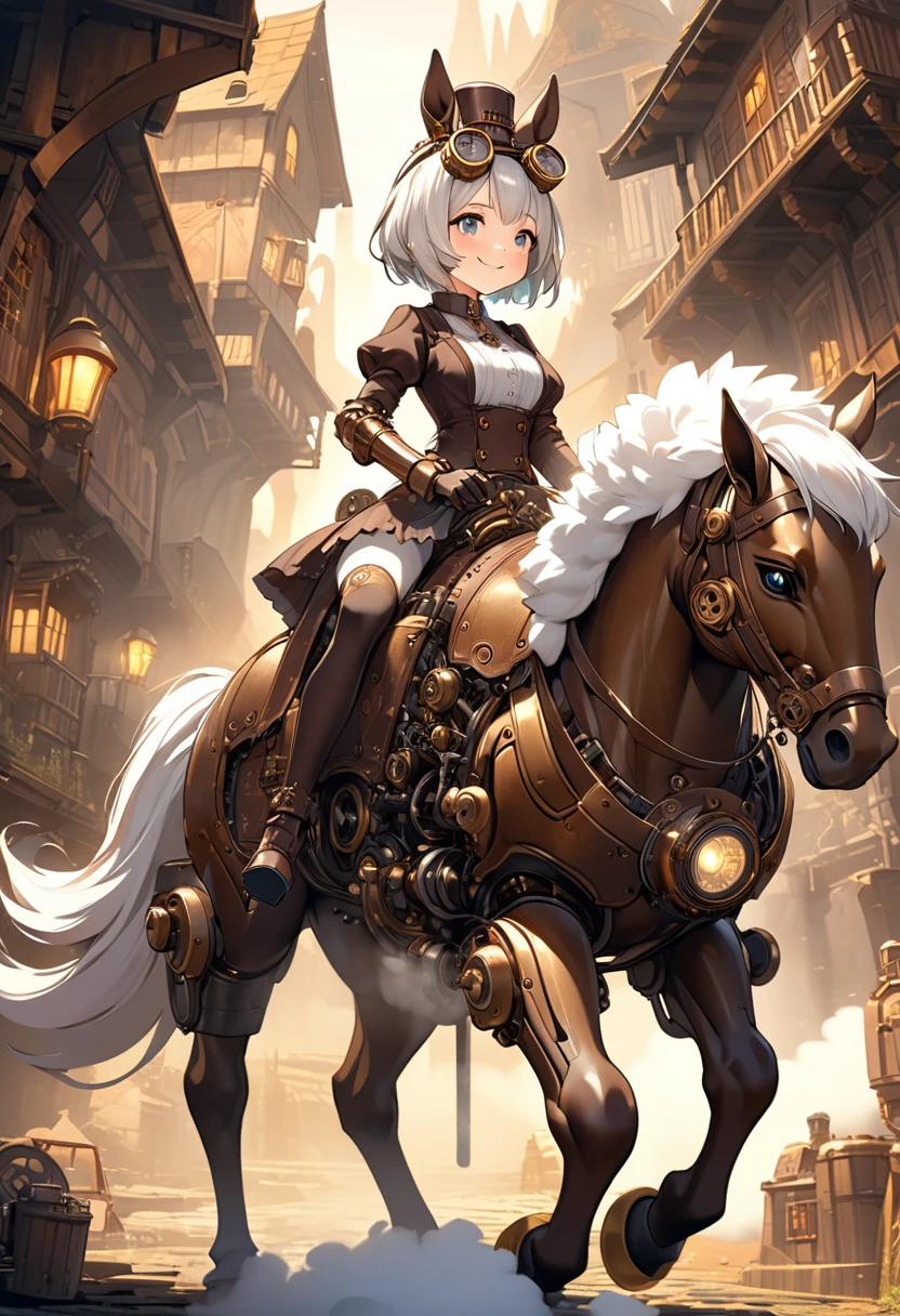 fantasy concept art CG,A girl goes on an adventure riding a steam-powered horse in a steampunk world. ,The girl is an android that runs on steam and has a cute and comical appearance.white fluffy short hair,A brass-colored mechanical body with cute horse ears growing on its head.Horses have a cute comical and friendly appearance.A four-legged white and brass-colored mechanical horse,The fur on its tail is fluffy and steam is emitted from its nostrils.The girl is smiling and looking out over the world of steam from a horse, in a steampunk style Many villages are made up of brass-colored houses.There is a steampunk-style castle on the other side of a distant mountain.A lot of steam is discharged from the village.The idyllic atmosphere of the village, the mechanized atmosphere of mechanical devices,Vibrancy, like civilization and enlightenment,A cute depiction of the girl's mechanism,Perfect way to ride a horse,movie-like lighting,studio lighting,(High quality, high precision, masterpiece, 4k, 8k, :1.2)ultra detail , ultra-fine painting,physically based lettering,android