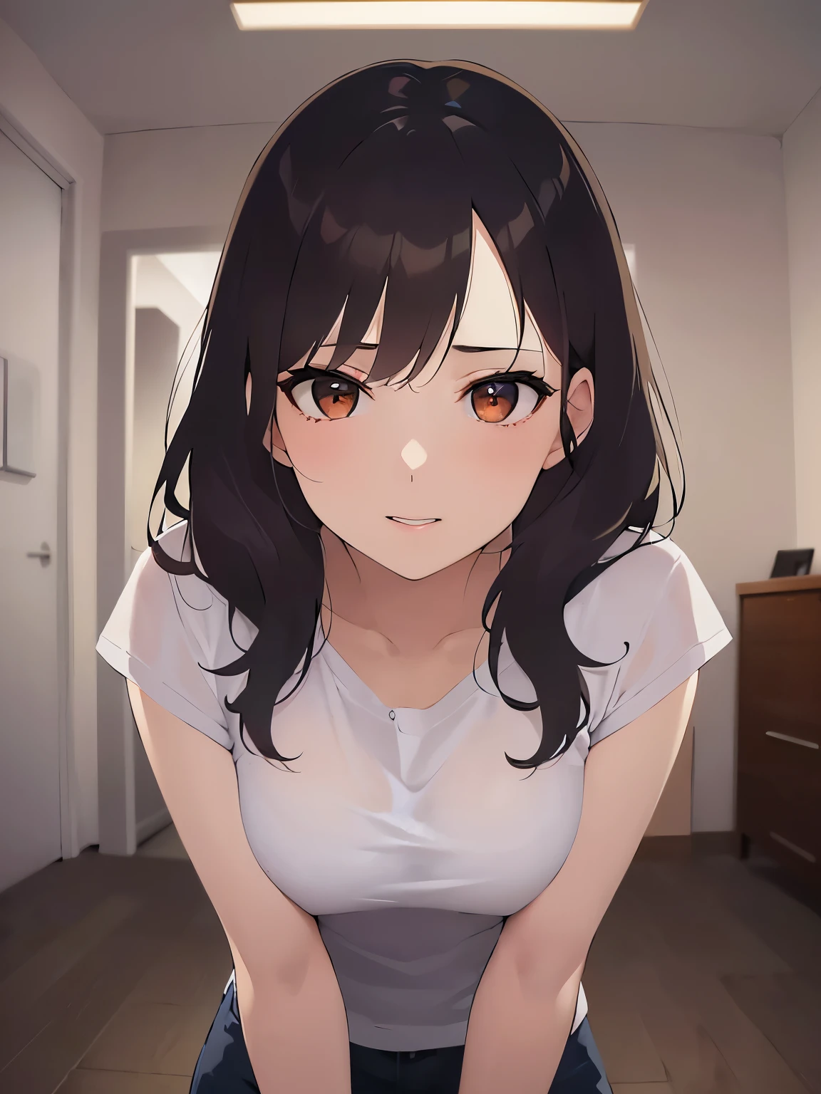 Shooting from below、all fours、Realistic, real person, (pale skin: 1.2), upper body, RAW photo, photorealistic, shiny skin, shiny hair、(A 35-year-old woman with medium-length hair and bangs) and (wavy hair) and (brown hair) and (Orange Eyes) , (white:1.5) and (blouse) 、Cleavage、(blush:1.5), smile, The background is the living room at night、illumination、Alone、