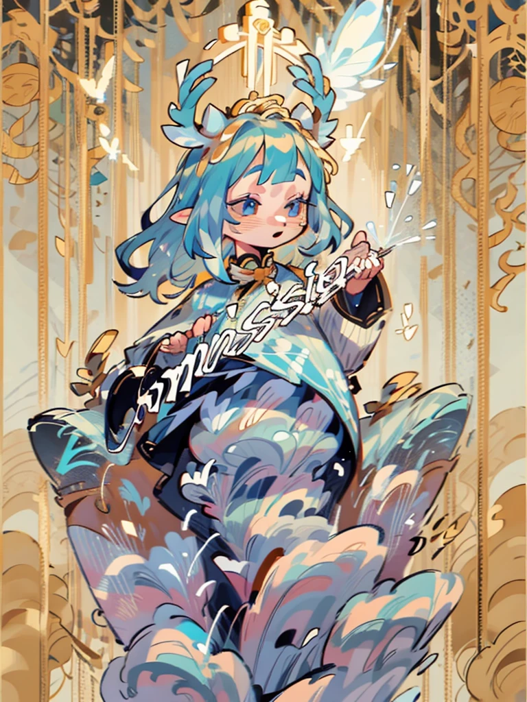 tarot, gold border, mystical forest themed, chibi, masterpiece, best quality, extremely detailed, detailed background, detailed face, 1girl, full-body, solo, pale skin, LONG blue hair which each strands were being lifted up by butterflies, deer ears, white deer horns, happy expression, white dress, blue flower, good finger, perfect face, intricate details