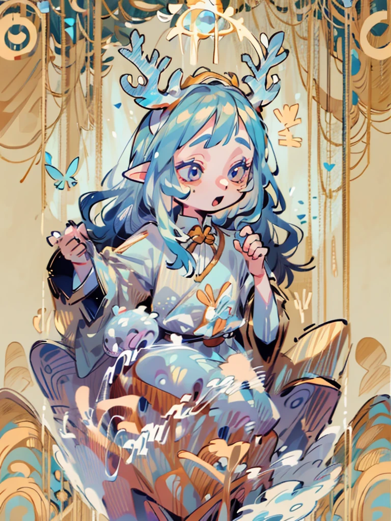 tarot, gold border, mystical forest themed, chibi, masterpiece, best quality, extremely detailed, detailed background, detailed face, 1girl, full-body, solo, pale skin, LONG blue hair which each strands were being lifted up by butterflies, deer ears, white deer horns, happy expression, white dress, blue flower, good finger, perfect face, intricate details