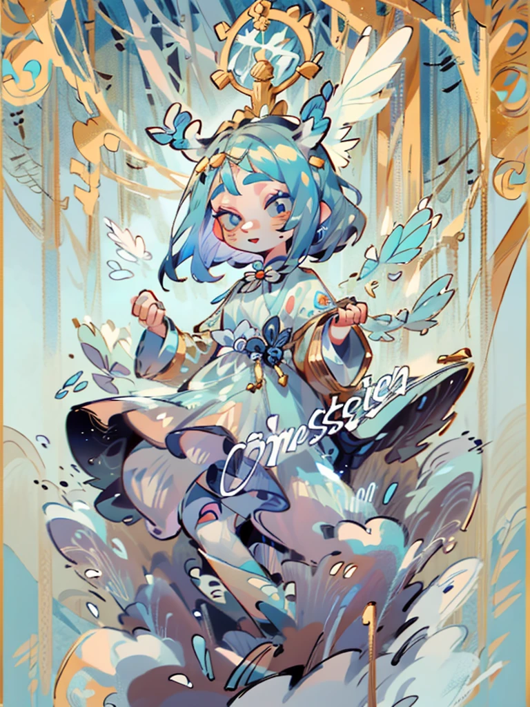 tarot, gold border, mystical forest themed, chibi, masterpiece, best quality, extremely detailed, detailed background, detailed face, 1girl, full-body, solo, pale skin, LONG blue hair which each strands were being lifted up by butterflies, deer ears, white deer horns, happy expression, white dress, blue flower, good finger, perfect face, intricate details