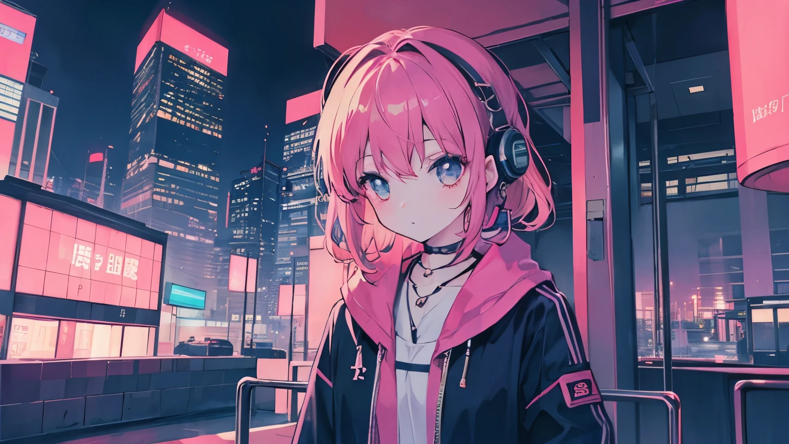 Stylish girl　Skyscraper district　Night Earphones　Japanese anime style　LOFI Chill　１９９０Teen Fashion