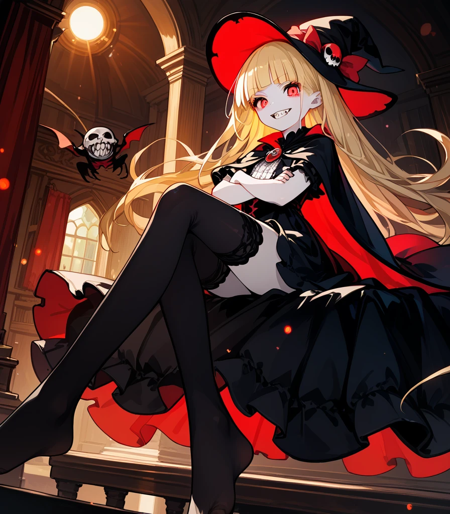 score_9, score_8_up,score_7_up,1 girl,solo,10 years old,(female child:1.5),(vampire:1.5),(witch:1.3),(europian:1.5),emaciated,red eyes,(slant eyes,tsurime:1.2),(blonde hair,very long hair,blunt bangs,straight hair:1.1),flat chest,(pale skin:1.5),(sharp teeth:1.5),(gothic lolita,black dress:1.1),(black thighhighs:1.3),pointy hat,(vampirecape,cape,cloak:1.1),(grin:1.5),skinny
(from front,crossed arms),looking at viewer,indoor
(Rembrandt lighting, colorful reaction, lens flare, bloom,film Reflection),claw pose,sitting,barefoot,foot focus,from below,bare legs,pale skin,ride angle,