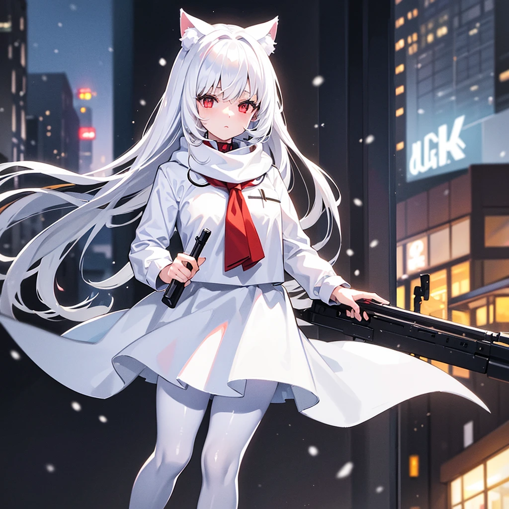 White hair, cat ears, 1 girl, white pantyhose, red eyes, black short skirt, white scarf (white scarf covering the neck), gray halo, holding a sci-fi rifle, high quality, snow, city (snowy city)