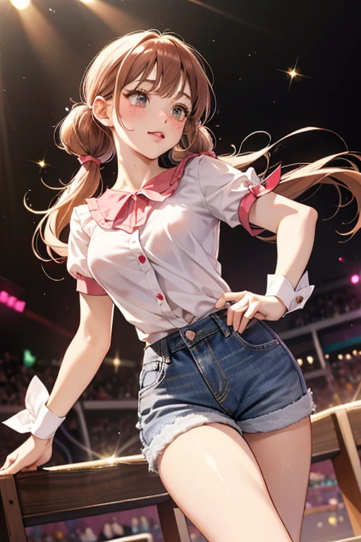 Line Dancer has fair skin with freckles and pale red blushed cheeks and soft pink lipstick. Her eyes are light chartreuse and her light brown hair is worn in pigtails held by fuchsia bows. Her bangs are straightened with a split off-center.

She wears a red blouse with the fabric knotted at the middle, white buttons, and collar lining. She also wears light denim shorts and a pair of red and fuchsia cowboy boots.  SPARKLE; GLITTER