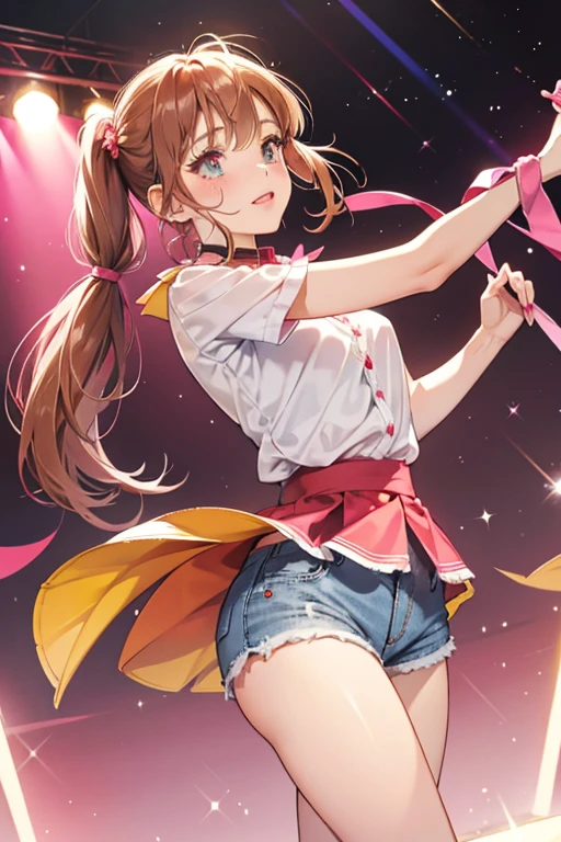 Line Dancer has fair skin with freckles and pale red blushed cheeks and soft pink lipstick. Her eyes are light chartreuse and her light brown hair is worn in pigtails held by fuchsia bows. Her bangs are straightened with a split off-center.
She wears a red blouse with the fabric knotted at the middle, white buttons, and collar lining. She also wears light denim shorts and a pair of red and fuchsia cowboy boots. SPARKLE; GLITTER