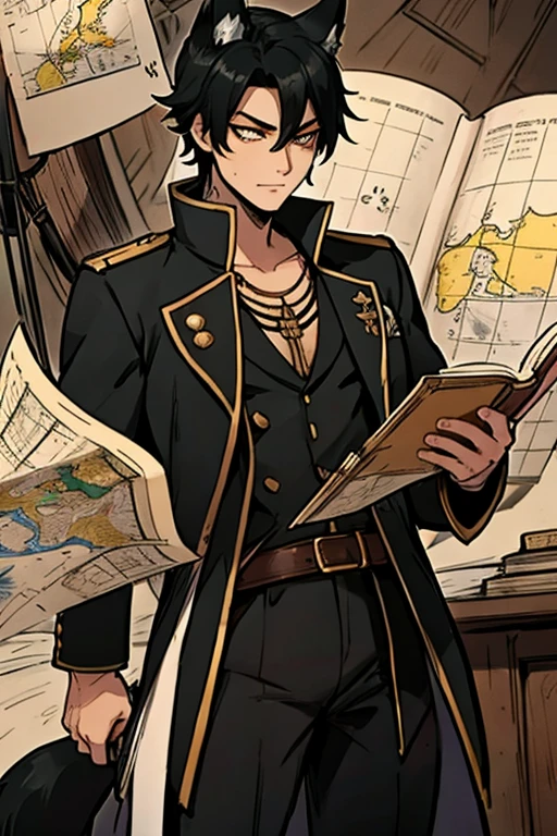 A black haired foxman with golden eyes with black fox ears and a black fox tail in a pirate's uniform is reading a map on a pirate ship