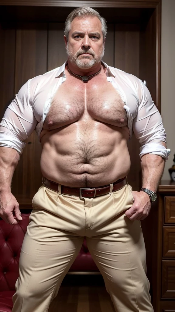 (best quality,4k,8k,highres,masterpiece:1.2), age 60, white man sheriff , horny disgusting, muscular chubby, kind, opened red silk shirt , mature daddy, Dress Pants with big bulge, hairy chest hard nipple, belt, loafer,