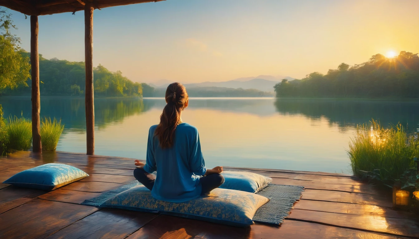 A woman filmed with her back facing the sunrise in a meditative position with nature and a calm lake around her, the woman is sitting on a rug and a cushion on a wooden pier, a color palette s]in shades of blue and yellow.. ultra realistic image,