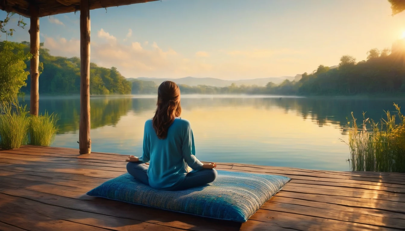 A woman filmed with her back facing the sunrise in a meditative position with nature and a calm lake around her, the woman is sitting on a rug and a cushion on a wooden pier, a color palette s]in shades of blue and yellow.. ultra realistic image,