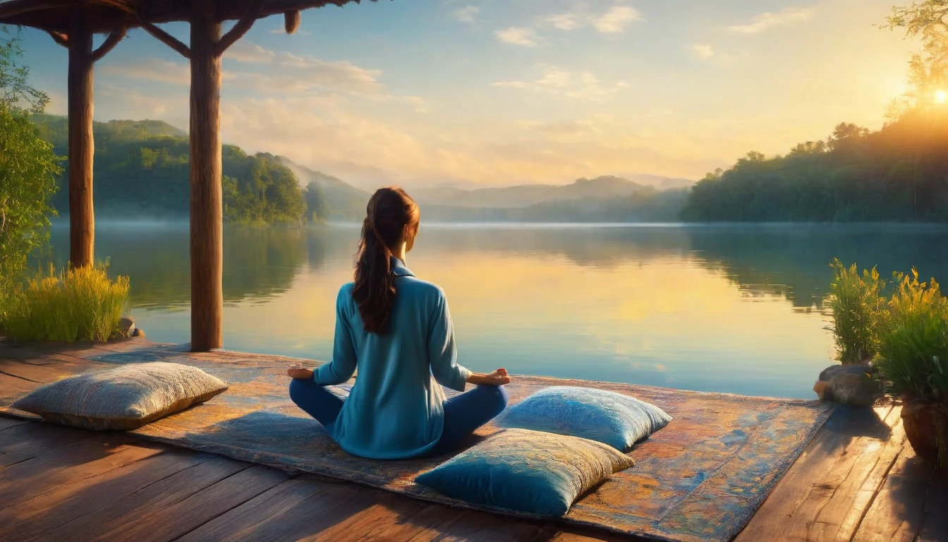 A woman filmed with her back facing the sunrise in a meditative position with nature and a calm lake around her, the woman is sitting on a rug and a cushion on a wooden pier, a color palette s]in shades of blue and yellow.. ultra realistic image,