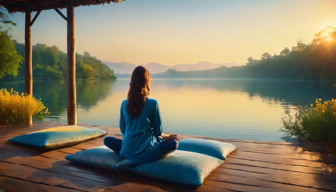 A woman filmed with her back facing the sunrise in a meditative position with nature and a calm lake around her, the woman is sitting on a rug and a cushion on a wooden pier, a color palette s]in shades of blue and yellow.. ultra realistic image,