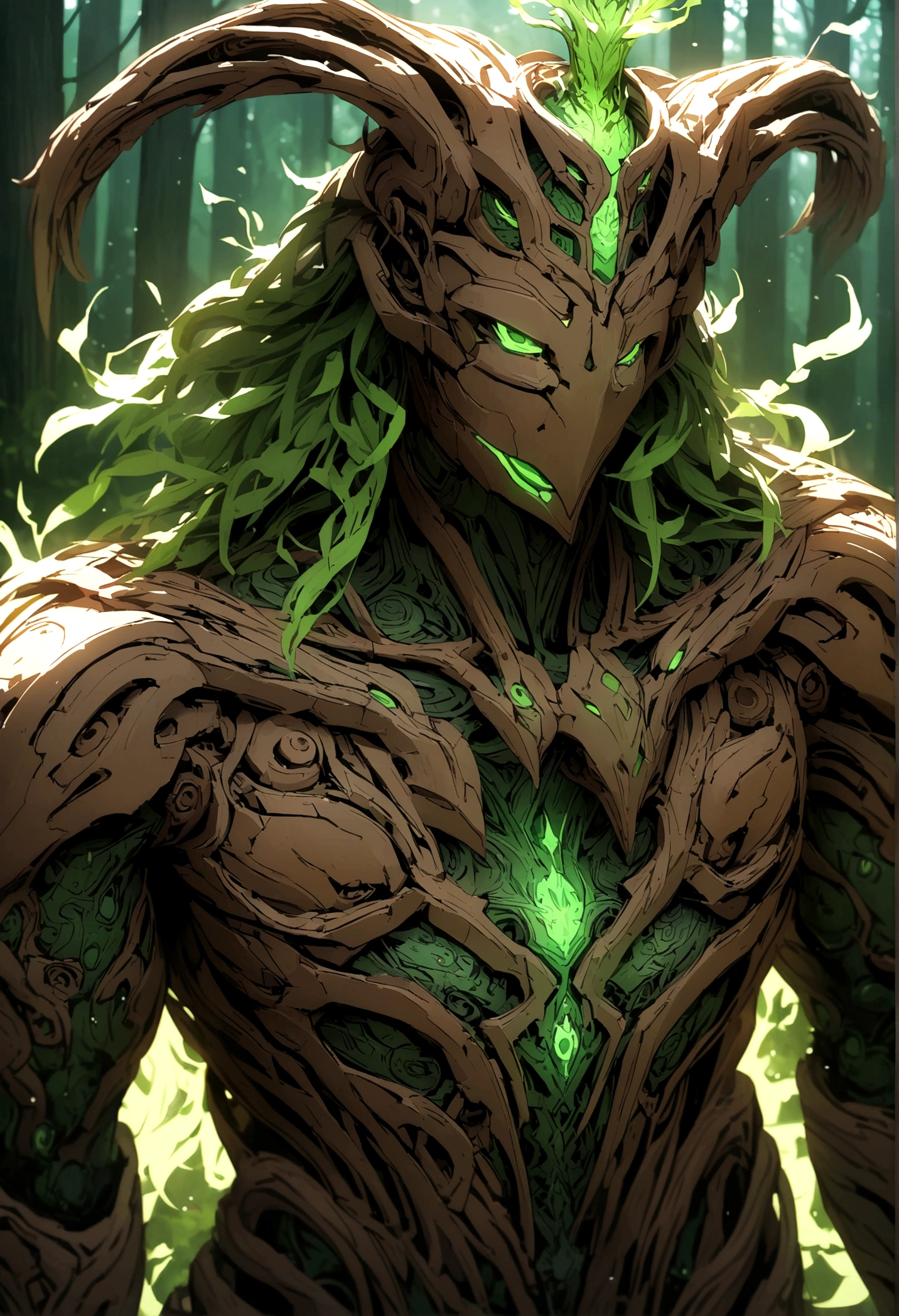 FOREST a god with a wooden body and on top of his head green flames