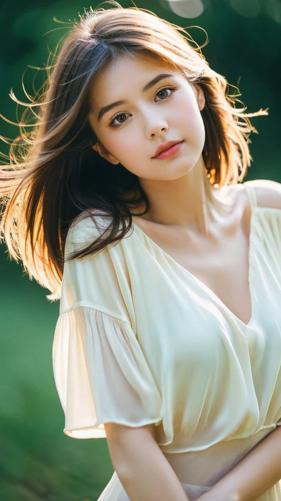 (Random Nationality):1.5, masterpiece, Highest quality, 8K, 20th Generation, (Large Breasts:1.2), cute, alone, sad, close, cute, Girlish, Delicate girl, Pure beauty, RAW Photos, Professional photography, Portraiture, Soft Light, Professional Lighting, Backlight, Upper Body, avert your eyes, Sophisticated, Film Grain, (Eyes and facial details:1.0), Beautiful straight hair, Hair swaying in the wind, Silk blouse, Random hairstyle