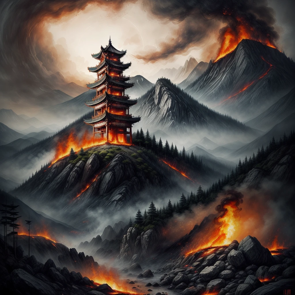 In the depths of the flames, An ancient Chinese tower burning dark and mysterious unfolds, The picture is full of hot flames（There are no mountains in the picture），Shadows linger there, Lost in a mysterious dreamland of ancient Chinese city walls Realism