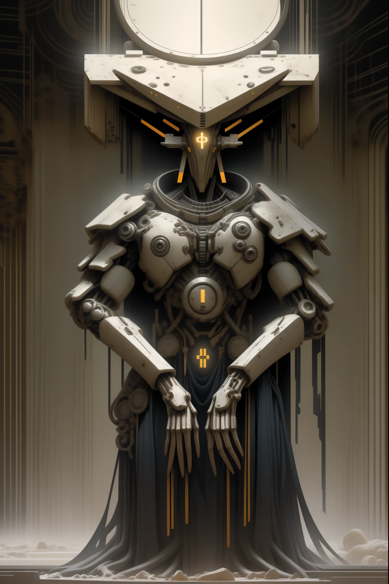 a giant robot torso connected to the ceiling, leaning forward, 6 bright white glowing eyes arranged in a hexagon, smooth metal plating covering the mechanical frame underneath, godly aura, long slender arms resting below,