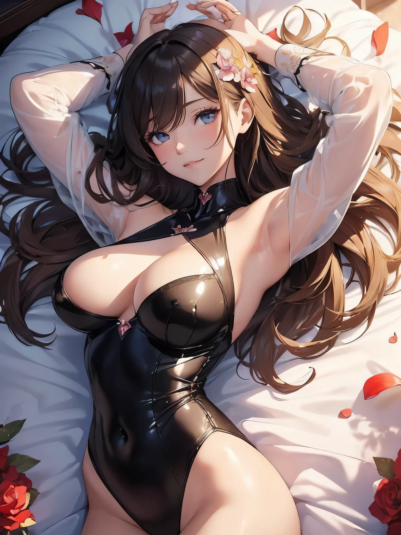 最high quality、1 beautiful woman, ((sleep on your back,)) View from the front、Beautiful groin、Black bodysuit、latex、sexly、lure、Lying on her back in bed, looking at me、detailed groin、Panties、Blushing、、Ecstasy、erotic、Beautiful thighs、Filled with red roses、 E.G: Worst quality ,flower fractal fine art、Fill the screen with flowers、Bigger on the screen、Lie on your back and face this way、Beautiful Eyes、lie on bed,hard boiled、Beautiful Eyes,High-definition depiction, Realistic, 8K, Unity, , light smile, Beautifully and vividly drawn, , Beautiful, beautiful, clear skin、sexly body suit,latex ,sexly 、Ecstasy、 Raise your arms behind your head,  Romanticism,mosquito。 The most beautiful form of chaos, Mr..々Farbe, Intertwined flowers, P article,Magical gentle light,smile,sexy,image quality、masterpiece、Beautiful Face、Super beautiful woman((Big breasted 22 year old office lady、Bust 100,Beautiful long ironed hair、Brown Hair、height: 165cm。、sexy、Esbian、high quality、、Visual Arts、最high quality、1 woman E.G: Worst quality ,Flower fractal art、、Beautiful radiance,High-definition depiction, Realistic, 8K, Unity, , light smile, Beautifully and vividly drawn, , Beautiful, beautiful, clear skin、sexly ((bodysuit,))Countless rays of light pouring down, Swirling Light, , Raise one arm above your head, Intense light is emitted from the magic flower circle  front of the girl. Romanticism,: The most beautiful form of chaos, Mr..々Farbe, Intertwined flowers, Particle,magical gentle light,smile,sexly,image quality、masterpiece、Beautiful Face、Super beautiful elf woman((Big breasted ,Beautiful 、sexly、Esbian、、high quality、Visual art、Written boundary depth、、、universe、Happy smile、、、elegant、ticker beautiful decorative、、magic、、Beautiful bed、A kind smile、wonderful、Fluttering petals、、Cultivate fantasy、、Mystery light　、、art、art,mystery,Ultra-high resolution,atmosphere 最high quality、((sleep on your back))sexly