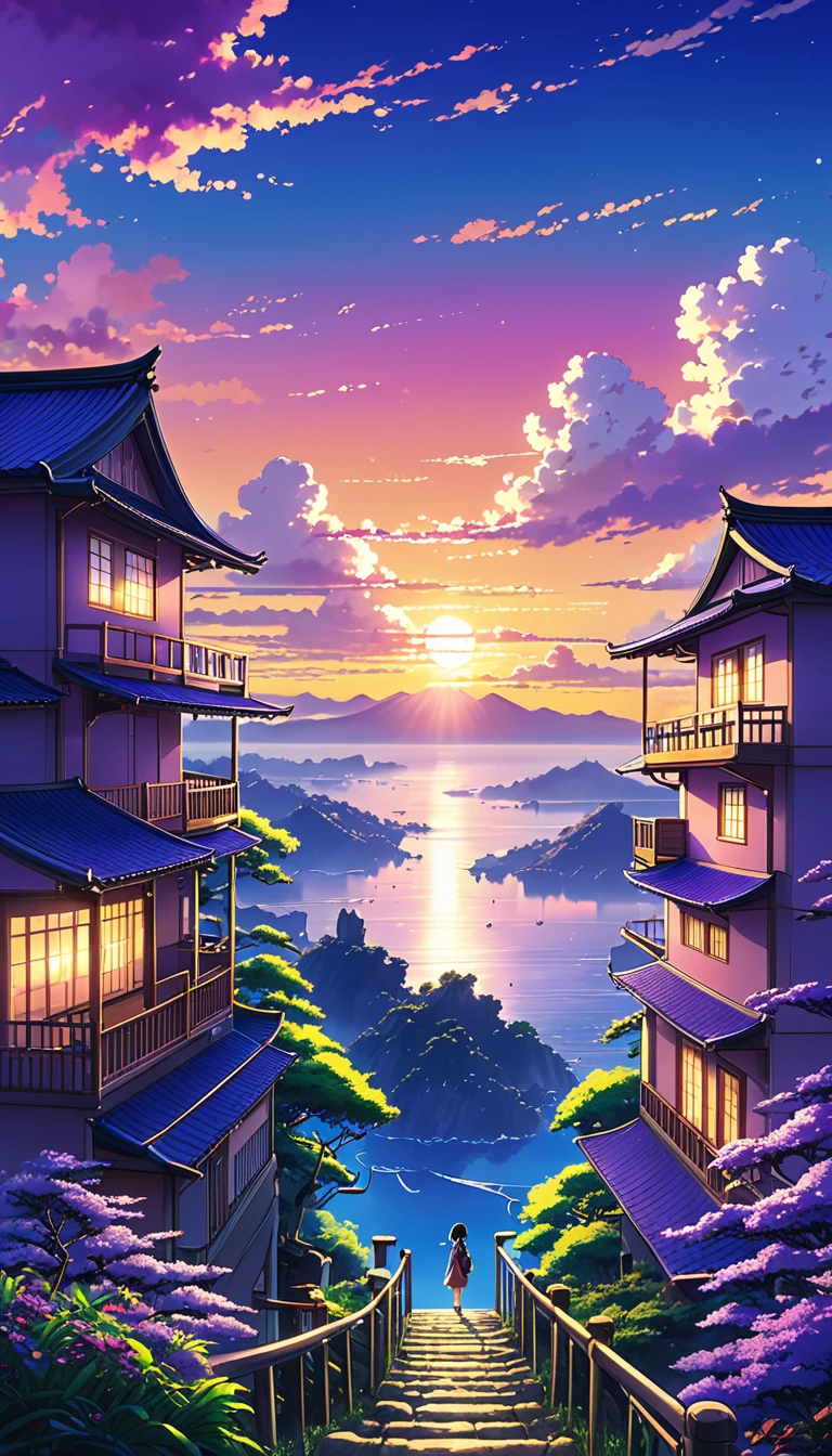 Anime landscape of y almas、landscape with clouds、purple sunset sky、Deities々Shikai、ladder、You can feel the touch of the brush.、without human figures、Studio ghibli、ghibli、scenery、Style、The light shines、sky line to beautiful colorful anime scene, seen from afar, a beautiful anime peace scene, makoto shinkai cyril rolando, a beautiful scene of anime, amazing wallpaper, Anime Art Wallpaper 8K, anime background, anime art background, Anime Wallpaper 4k, anime art 4k wallpaper, anime art 4k wallpaper,