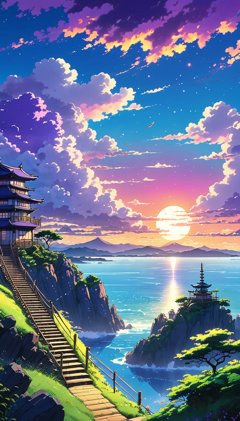 Anime landscape of y almas、landscape with clouds、purple sunset sky、Deities々Shikai、ladder、You can feel the touch of the brush.、without human figures、Studio ghibli、ghibli、scenery、Style、The light shines、sky line to beautiful colorful anime scene, seen from afar, a beautiful anime peace scene, makoto shinkai cyril rolando, a beautiful scene of anime, amazing wallpaper, Anime Art Wallpaper 8K, anime background, anime art background, Anime Wallpaper 4k, anime art 4k wallpaper, anime art 4k wallpaper,