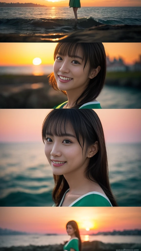 1 girl, (Green spring outfit:1.2), Very beautiful Japanese actress,
(RAW Photos, Highest quality), (Realistic, Photorealistic:1.4), Tabletop,
Very delicate and beautiful, Very detailed, 2k wallpaper, wonderful,
finely, Very detailed CG Unity 8K 壁紙, Very detailed, High resolution, Soft Light,
Beautiful detailed girl, Very detailed目と顔, Beautiful and detailed nose, finelyて美しい目, Cinema Lighting,
Distant view of the buildings, (Sunset on the horizon:1.4),
Bright Red Sunset, Sunset reflected on the surface of the water,
Complete Anatomy, Slender body, small, smile,
Pan Focus