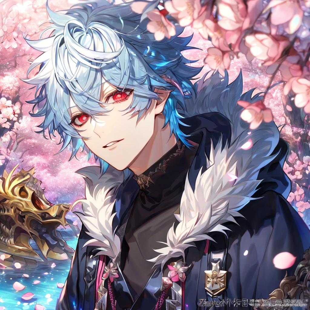 Ultra detailed, highres, absurdres, HDR, master piece, Kuro, messy hair, light blue hair, expressive red eyes, black bags under the eyes, Servamp, fantasy, pink petals, water, pink flowers, handsome, sexy man, solo, best quality, blossoms, blue shining fireflies, black shirt, a hooded light blue jacket with fur, watermark with the word "KROZSERIA"