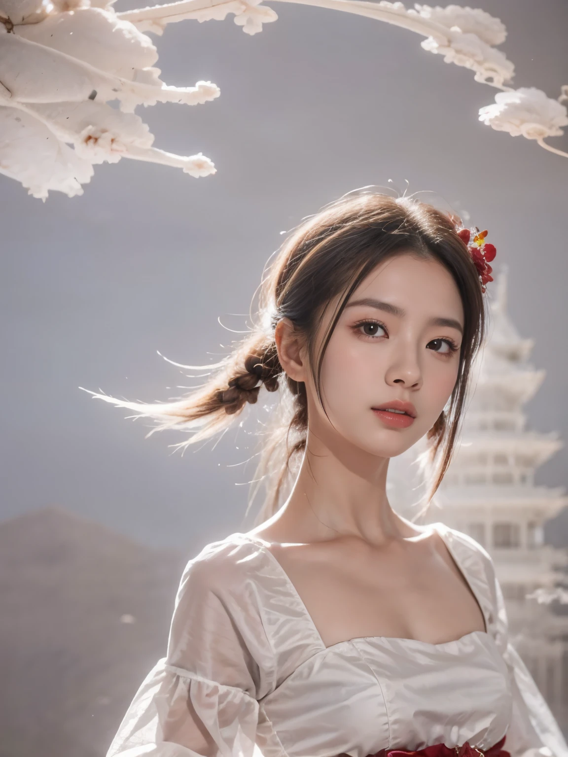 zhongfenghua, 1 Girl, only, Hanfu, antique_China_architecture, Flower Field, Floral, (White smoke:1.3) (Realistic Portraits:1.4), tangled, Mandala, twist, Official Art, Unity 8k Wallpaper, Ultra Detailed, Beautiful and beautiful, masterpiece,best quality, (Dynamic Angle:1.4), Shiny skin, (Colorful sparks floating:1) The most beautiful form of chaos, elegant, Barbarian design, Vibrant colors, Exotic romance, Depth of Field._dance, Red flowers