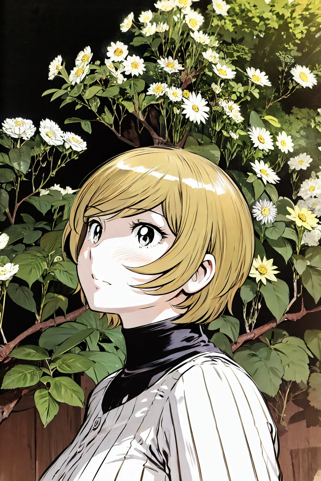 、(masterpiece、Highest quality)、Highest quality, Ultra-high resolution, (((masterpiece))), alone, Sweat、Big eyes, No sleeve、Outdoor、Floral dress、Composition from the front、(Cut the back hair short、short hair、blonde、woman)、Shortcuts、Embarrassed face、Cut your hair short、可愛いwomanの子、Big Breasts