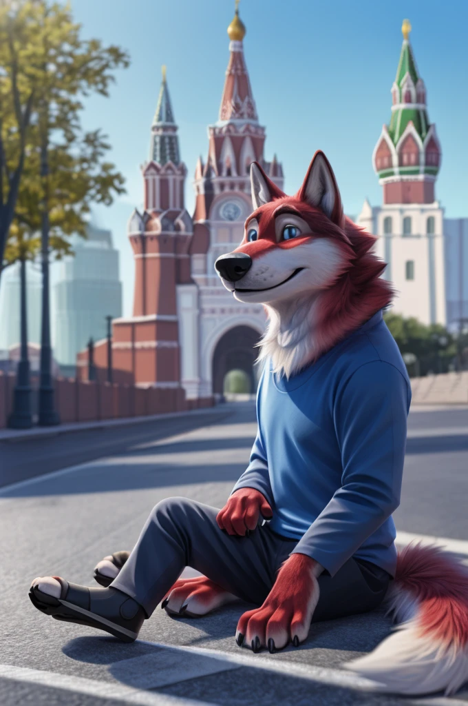 Ivan Wolfbach (Moscow),high,Beautiful,slim,24 years,wolf, red fur,high Beautiful wolf, 24 years,(red body:1.3),beautiful blue eyes,Moscow россия, t-shirt, trousers,sandals,canine, wolf, detailed fur, male, antro, paw pads, finger claws, at viewer, 5 fingers, paws, 5 fingers,day,digital photography, soft focus,good mood,photorealism, realistic, photorealistic,digital style,from close walks around the city, Very close to the camera, digital photography, smile positive, good,mood,is sitting,
masterpiece, Best quality, ultra realistic, 8 k)