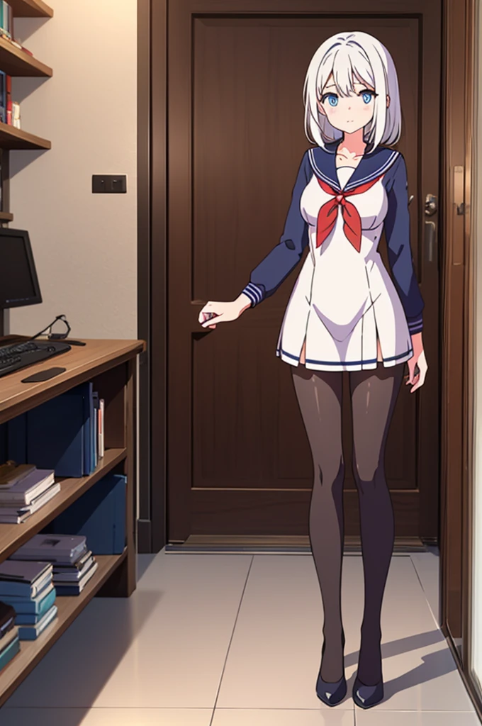 masterpiece, ultra quality, nsfw, 1girl, bedroom, standing, <lora:anna_nishikinomiya-000008:0.8>, black hairband, school uniform, skirt, grey collared shirt, red tie, skirt lift, pussy, (pubic hair:0.8)
