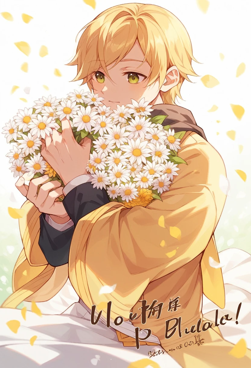 a close up of a person holding flowers in their hands, with flowers, holding flowers, with yellow flowers around it, holding magic flowers, The Flower Prince, coronation of The Flower Prince, Kagamine Rin, covered with flowers, carry flowers, beautiful anime girl sunflower, His eyes glow yellow, covered with flowers, Wrapped in flowers, Anime wallpaper