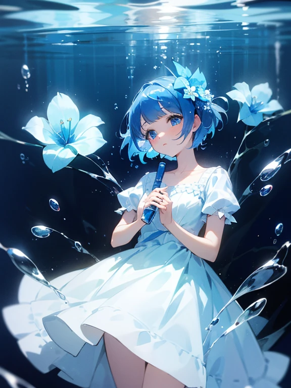high resolution、highest image quality、blue hair、short hair、girl、one woman、cute、white dress、white dress、blue flower、頭にblue flower、Nemophila、beautiful、In the sea、(In the water)、Bubble、Close ~ eyes
