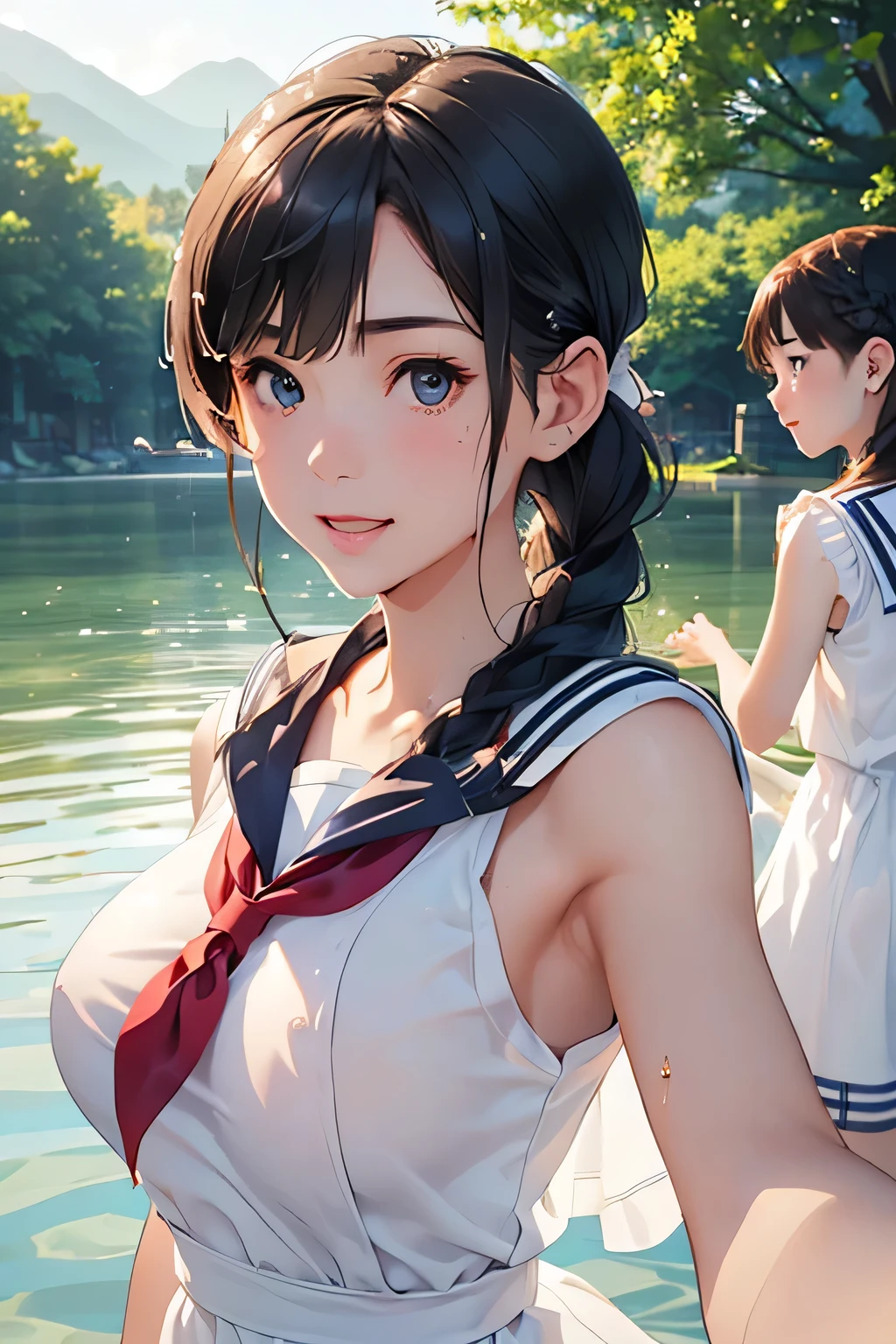 Highest quality、High resolution、Detailed Background、(Beautiful face in every detail:1.4)、Anatomically correct、Hide your fingers、(Detailed facial expressions)、Teenage beauty、(Highly detailed face:1.4)、(Huge breasts:1.2)、cute hair color、
Braided bob cut、Braided Ponytail、Braided long hair、well-groomed eyebrows、Perfect body line、(White sleeveless sailor dress:1.3)、(White sleeveless sailor dress:1.3)、(Your clothes are wet:1.2)、My whole body is wet、Water droplets fall、Wet hair、Laugh playfully、A big smile、A fun atmosphere、(Three beautiful girls taking a selfie at a water play spot:1.5)、cute