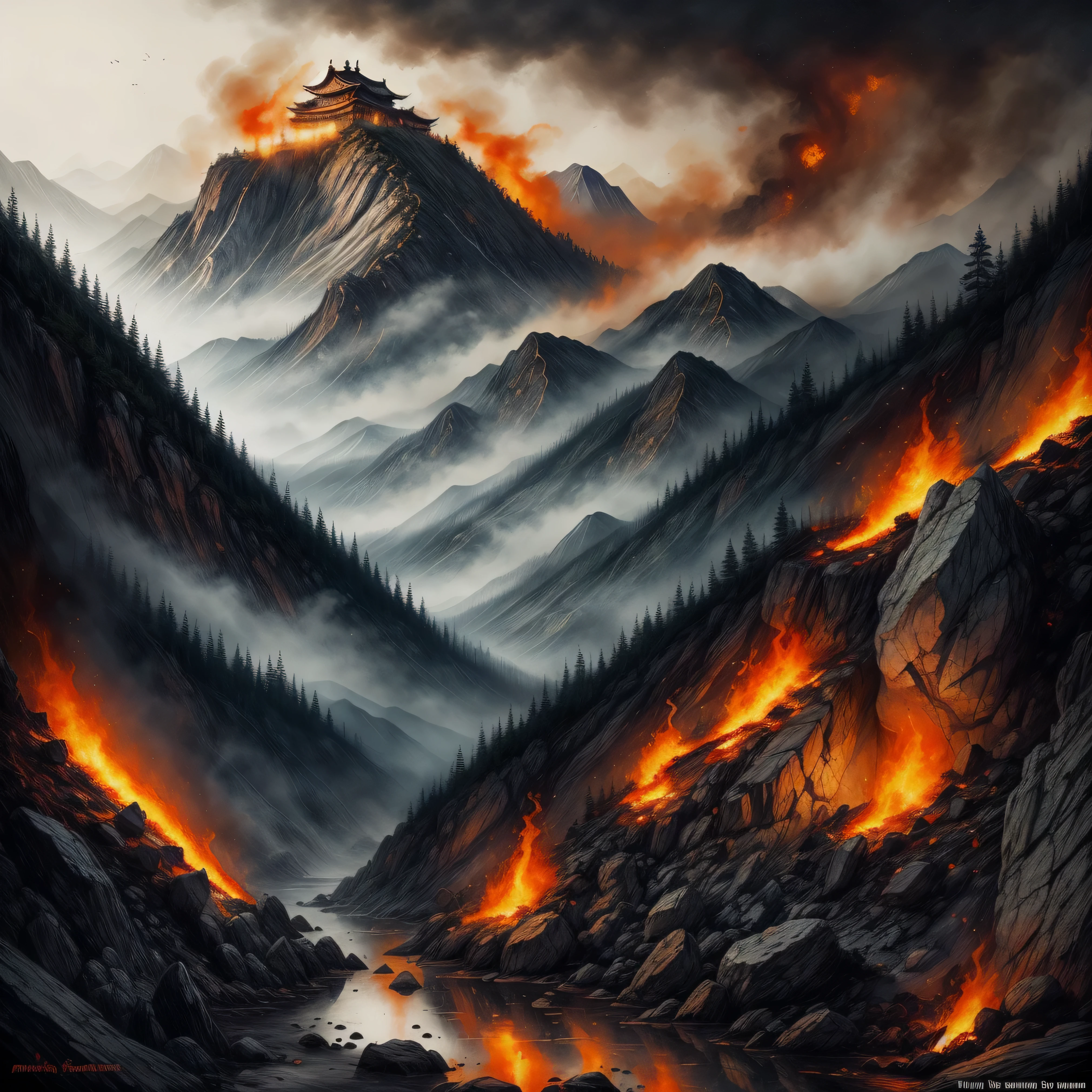 In the depths of the flames, An ancient Chinese tower burning dark and mysterious unfolds, The picture is full of hot flames(There are no mountains in the picture),Shadows linger there, Lost in a mysterious dreamland of ancient Chinese city walls Realism