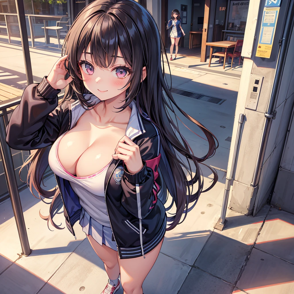 best quality,8K,high school girl,zippered track jacket,smiling,gravure idol,Model,beautiful girl,down hair,alluring Multiple girls are depicted，uniform，cardigan，blazer，uniformにリボン，girl,masterpiece,highest masterpiece,long hair,perfect face,big bust,cleavage,erotic cute,sexy girl)，Angelic cute girl，Naughty Girls，Too beautiful girl，Future Fashion，Cutting-edge fashion，Model，Full body image，perfection，Colorful