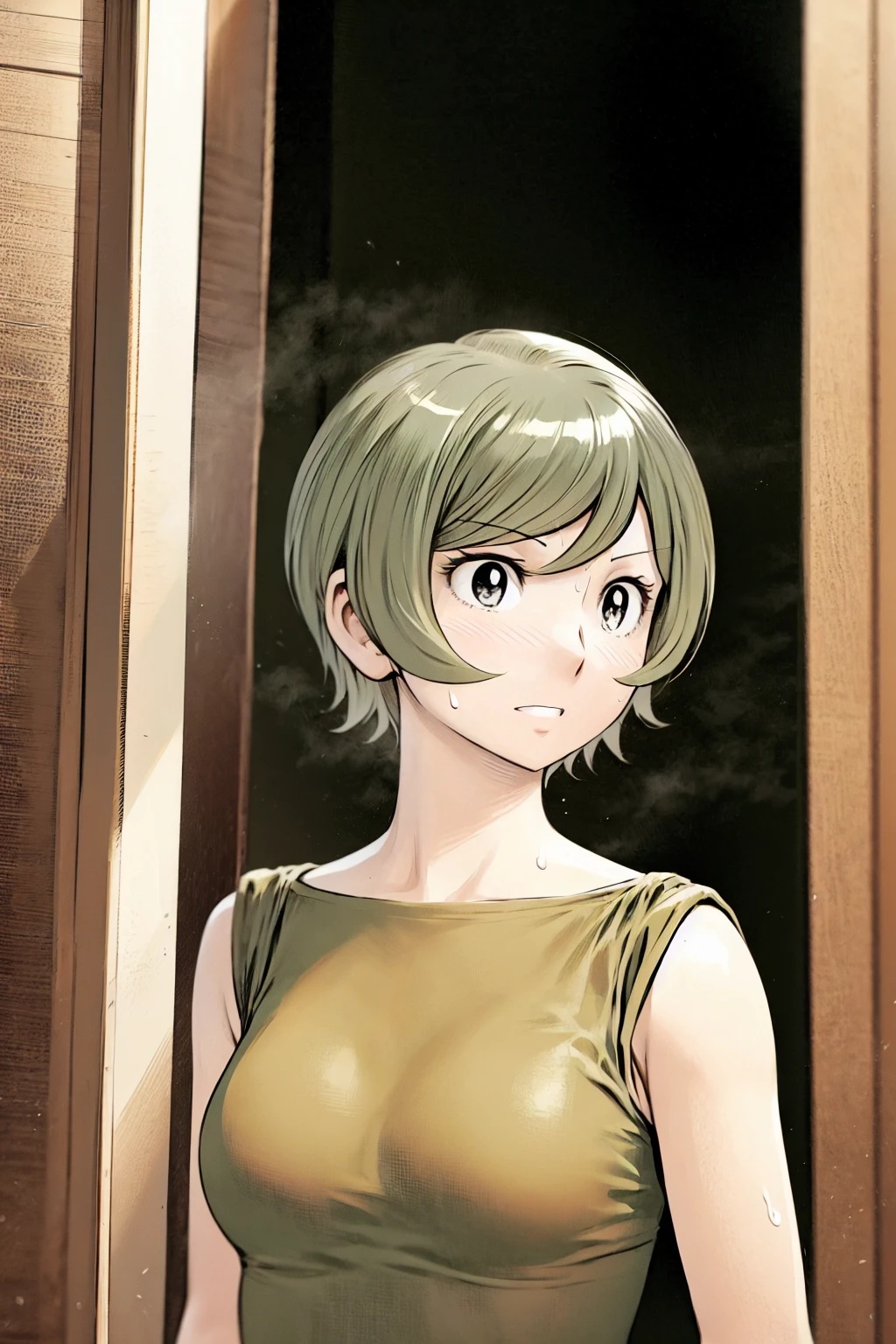 、(masterpiece、Highest quality)、Highest quality, Ultra-high resolution, (((masterpiece))), alone, Sweat、Big eyes, No sleeve、Outdoor、Floral dress、Composition from the front、（Cut the back hair short、short hair、blonde、woman）、Shortcuts、Embarrassed face、Cut your hair short、可愛いwomanの子、???????????