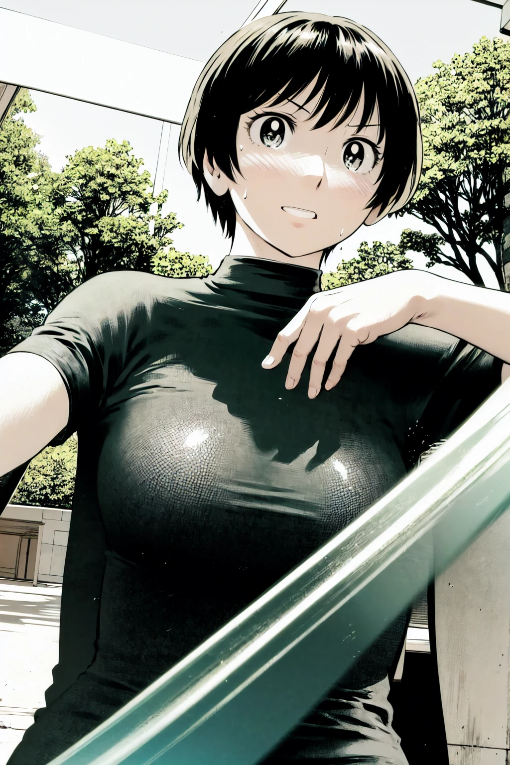 、(masterpiece、Highest quality)、Highest quality, Ultra-high resolution, (((masterpiece))), alone, Sweat、Big eyes, No sleeve、Outdoor、Floral dress、Composition from the front、（Cut the back hair short、short hair、blonde、woman）、Shortcuts、Embarrassed face、Cut your hair short、可愛いwomanの子、Big Breasts