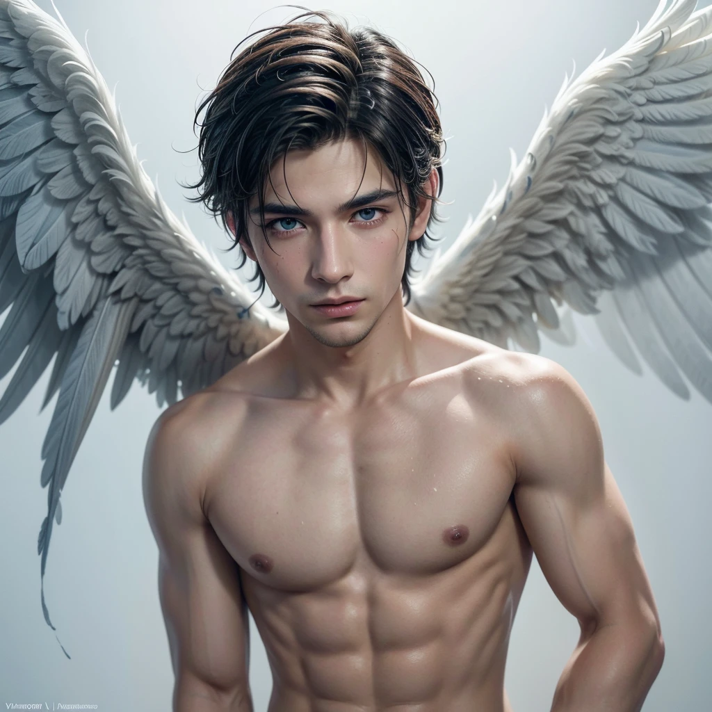A zoomed in view of a handsome and sexy young man with angel wings , captured in color , his eyes looking directly at the viewer with an intense expression, his features etched with a sense of mystery and allure, surrounded by wisps of fog, adding an ethereal touch, Carving, Sexy man Handsome athletic Italian beauty angelic with wings and feathers . Watercolor ink painting. Texture of watercolor paints drips and splashes of paint . Tinta aquarela watercolor
