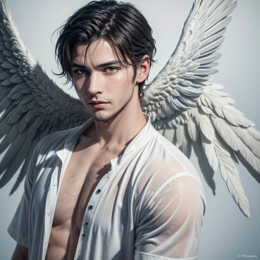A zoomed in view of a handsome and sexy young man with angel wings , captured in color , his eyes looking directly at the viewer with an intense expression, his features etched with a sense of mystery and allure, surrounded by wisps of fog, adding an ethereal touch, Carving,  Sexy man Handsome athletic Italian beauty angelic with wings and feathers . Watercolor ink painting. Texture of watercolor paints drips and splashes of paint . Tinta aquarela watercolor
