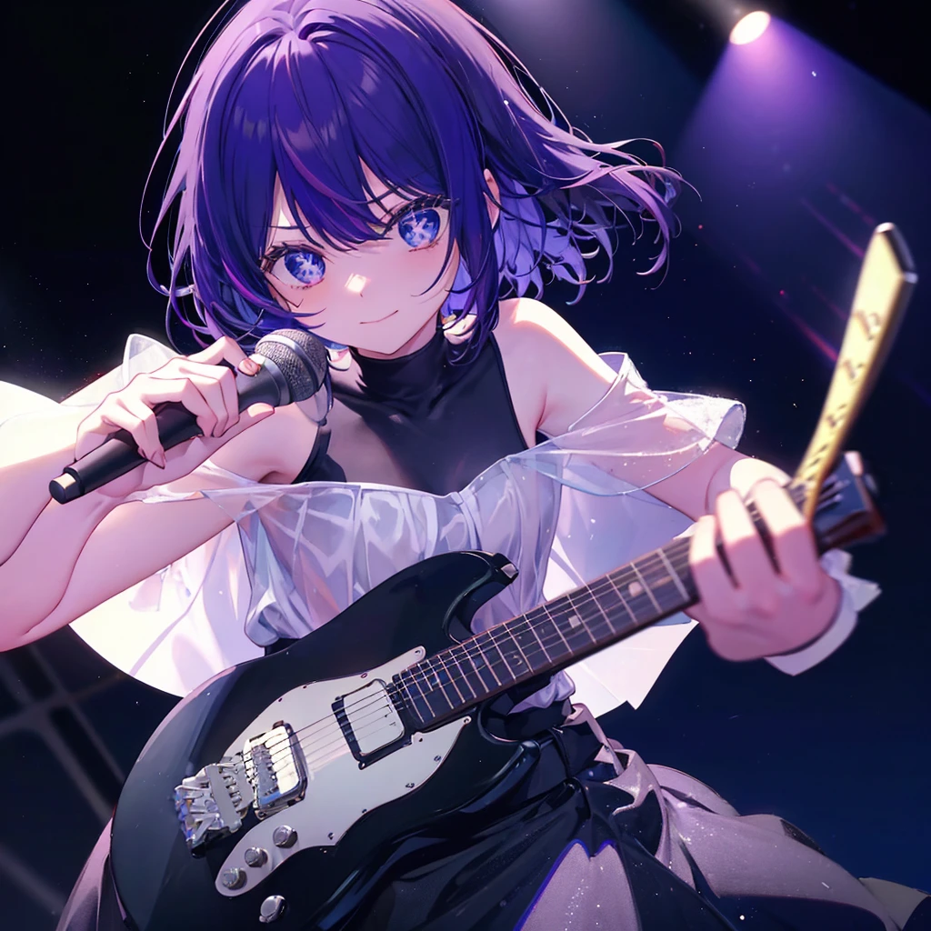 (((Hoshino Ai))) (((1 person Purple Hair dress singer blue eyes There is a microphone stand in front of me.))) ((High resolution short hair 青いdress Black Skirt Also々funny Face)) ((close)) ((Sing a song Shining Aura on stage Guitar solo)) (smile Blue Light Exposure) Shining Background Shining Edges