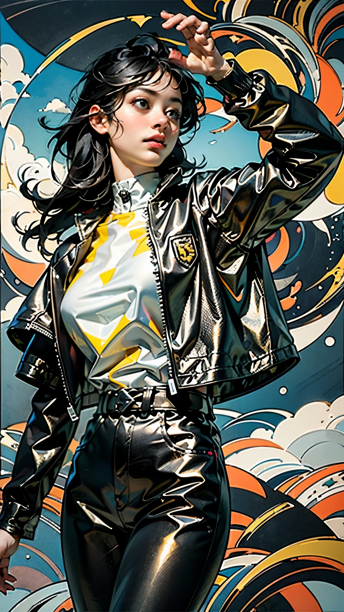 (realism: 1.3), Big, quality, Rembrandt lighting, (masterpiece: 1.2), (realism: 1.2), (Best quality), (leather details: 1.3), (the hardest part), dramatic, Idyllic, ray tracing, 1 girl, Chinese yellow girl, Long black hair, 14 years, modern clothes, Sun, Clouds, fields, farms, star Light, Trails)