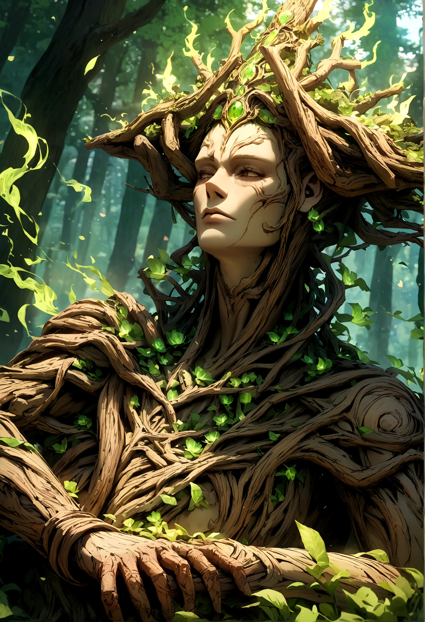 FOREST a god with a wooden body and on top of his head green flames 