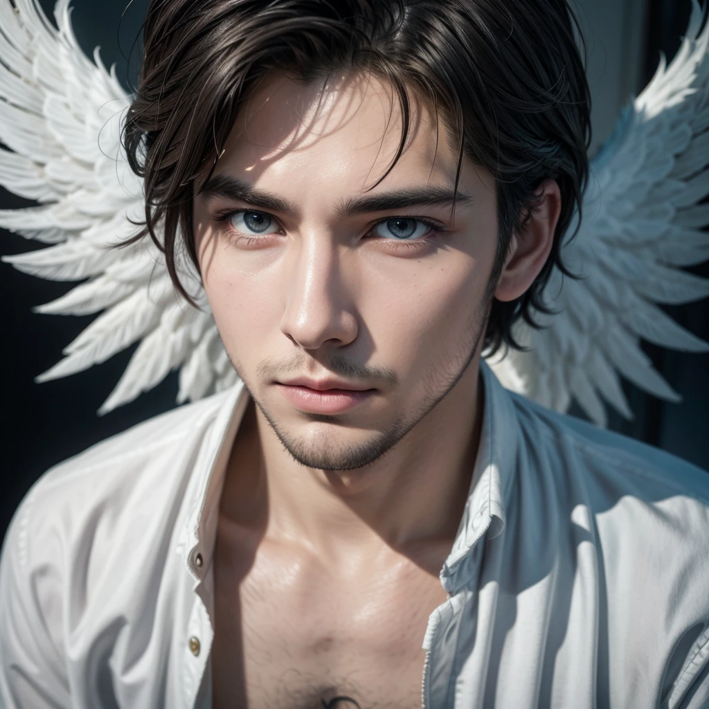 a man with messy black hair swept back, golden eyes, pale skin, angel wings, sitting on apartment sofa, large window showing city in background, beautiful detailed eyes, beautiful detailed lips, extremely detailed face and features, intricate angel wings, soft lighting, cinematic composition, moody atmosphere, dramatic lighting, warm color palette, photorealistic, 8k, ultra-detailed, (best quality,4k,8k,highres,masterpiece:1.2),ultra-detailed,(realistic,photorealistic,photo-realistic:1.37)