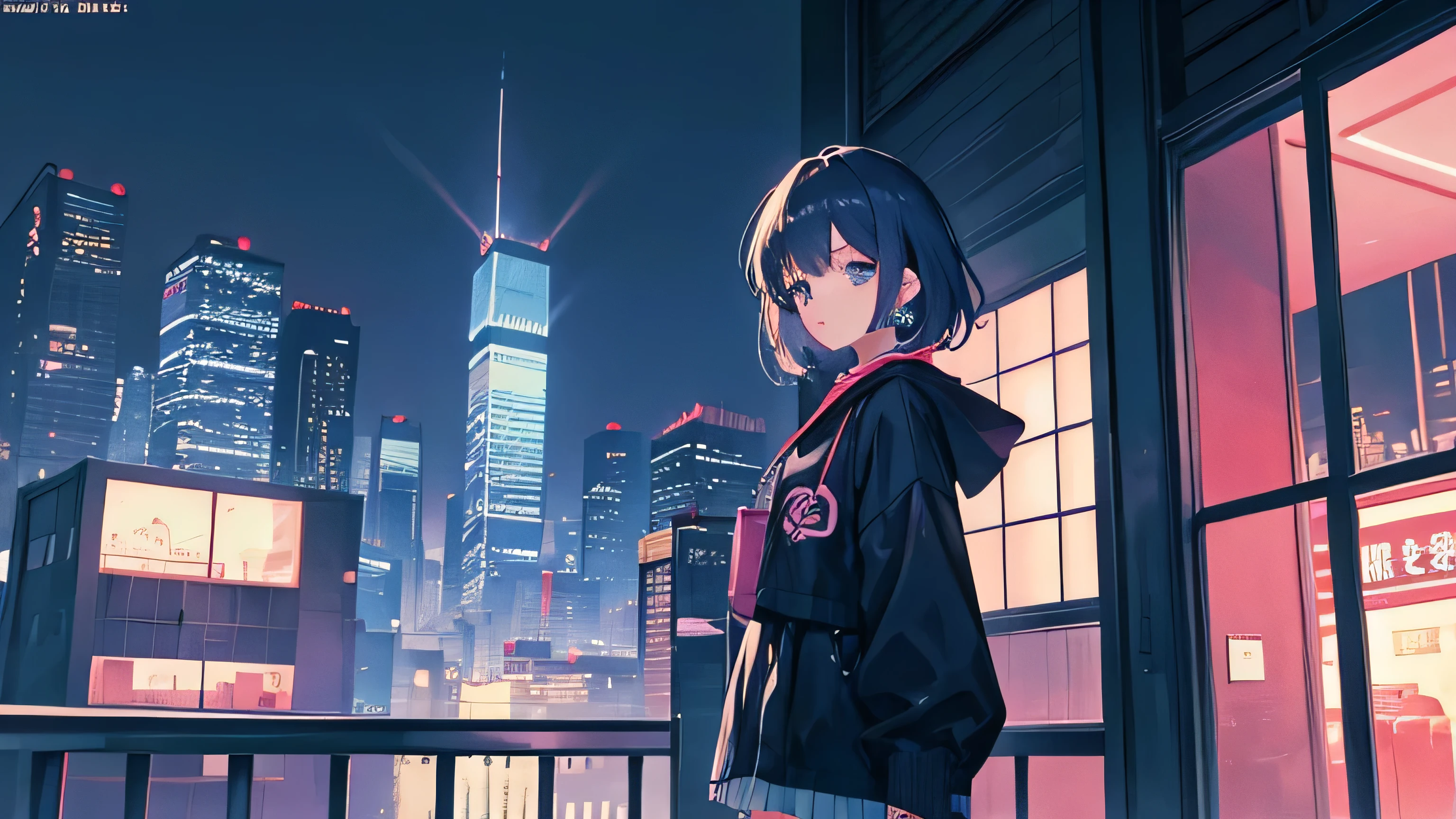 Stylish girl　Skyscraper district　Night Earphones　Japanese anime style　LOFI Chill　１９９０Teen Fashion